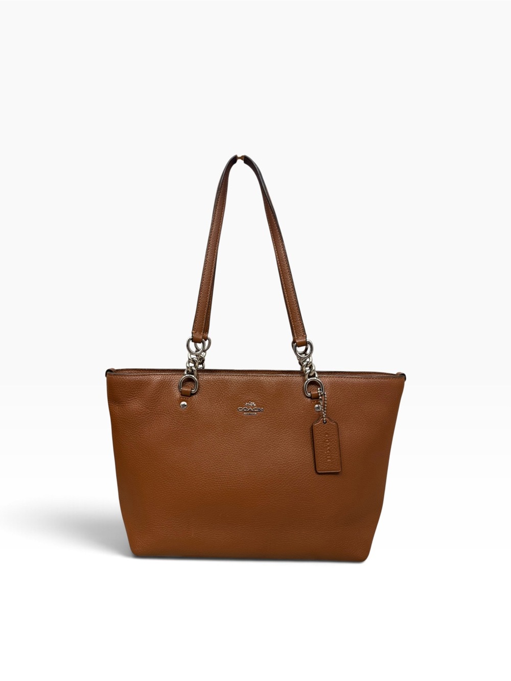 Coach Cognac Pebbled Leather Chain Strap Tote Bag Fall Handbag